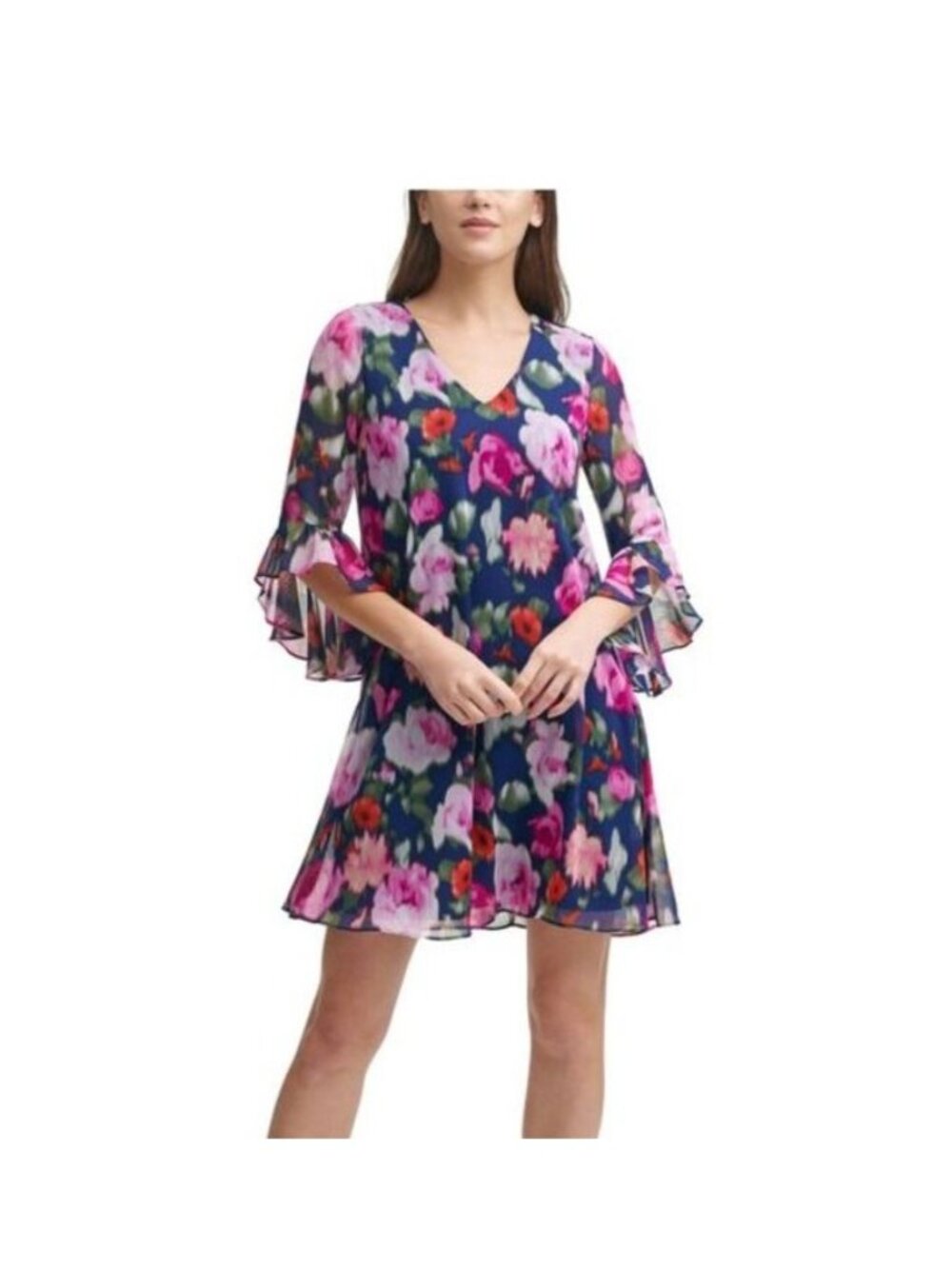 Calvin Klein Shift Dress Size 4 Floral V-Neck Bell Sleeve Indigo Pink Boho Chic
